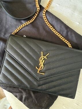 Saint Laurent Black Chevron Quilted Crossbody with Gold YSL Chain